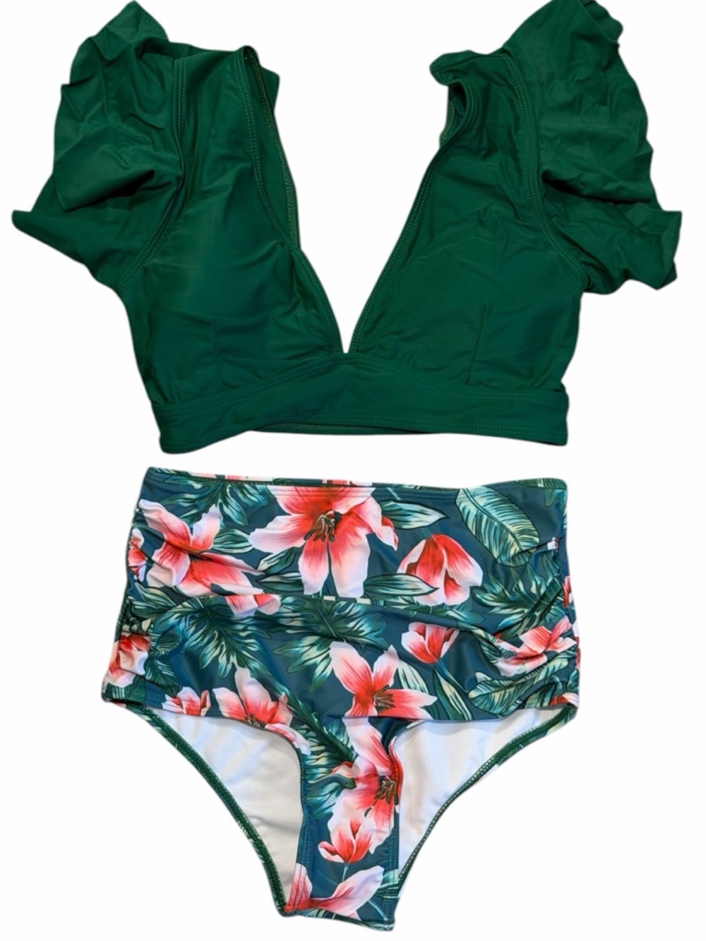 Flutter Sleeve Green High Waist Floral Bikini Set Swim Beach Tropical Size Small